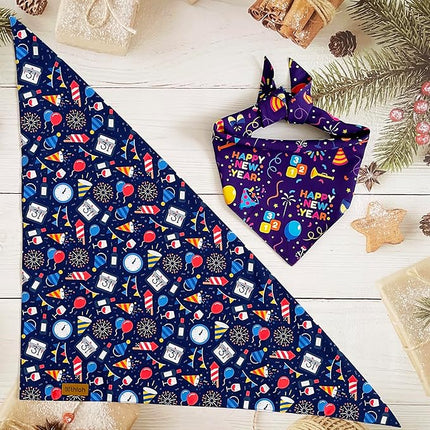 Happy New Year Dog Bandanas - 2 Pack Reversible Holiday Dog Scarf for Boy and Girl, Premium Durable Fabric, Bandana for Medium and Large Dogs (Large)