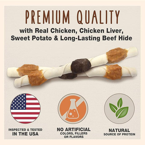 Cadet Gourmet Shish Kabob Dog Chews for Large Dogs, Rawhide Treats with Chicken and Sweet Potato, Healthy & Natural Beef Hide, 10-Inch Sticks, 8 Count