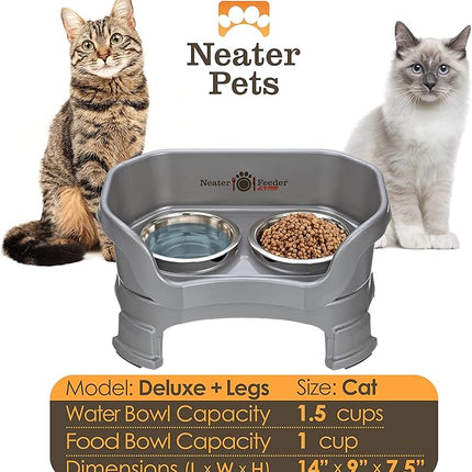 Neater Feeder Deluxe Mess Proof Cat Bowls Elevated for All Breeds – Made in USA – No Spill Raised Cat Bowls for Indoor Cats w/Leg Extensions – Stainless Steel Cat Food and Water Bowl Set - Grey