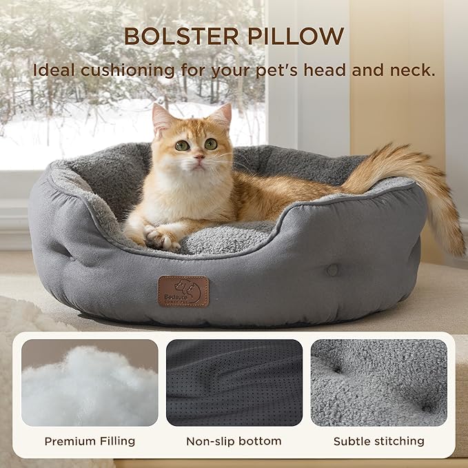 Bedsure Self Warming Cat Bed - Round Cat Beds for Indoor Cats, Washable Pet Bed for Puppy and Kitten with Slip-Resistant Bottom, 20 Inches, Self Warming Grey