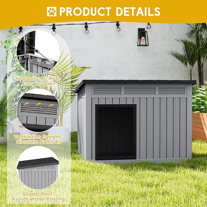 Large Chicken House Outdoor Indoor for Medium Large Dogs, Durable Plastic Waterproof Chicken House with Air Vents and Elevated Floor, Easy Clean and Assemble (Grey, 42.8" L x 33" W x 31.5" H)