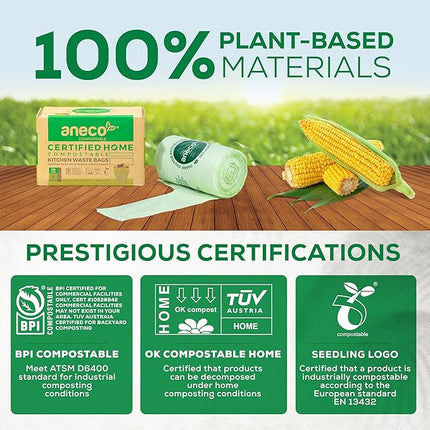 ANECO 4 Gallon Compostable Food Waste Bags with Handles, Extra Thick Compost Bags for Medium Kitchen Garbage/Bathroom Bin, OK Compost HOME & BPI Certified Compostable Bags