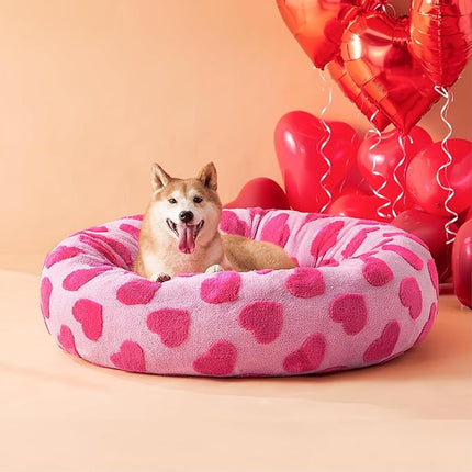LE SURE Shown on TV Donut Large Dog Bed - XL Round Cat Beds Indoor Anti-Anxiety Calming Gift for Pets, Washable Cute Modern Beds with Jacquard Shaggy Plush & Anti Slip Bottom, 36 Inch, Heart Pink