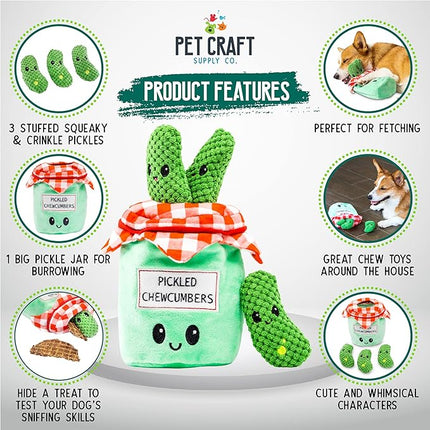 Pet Craft Supply Hide and Seek Plush Dog Toys Crinkle Squeaky Interactive Burrow Activity Puzzle Chew Fetch Treat Hiding Brain Stimulating Cute Funny Toy Bundle Pack -Pickles, for Medium Breeds