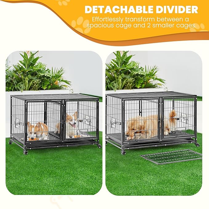 Yaheetech Stackable Dog Crate with Divider 43'' Rolling Heavy Duty Dog Cage with Open Top/ 2 Removable Trays for Small/Medium Dog