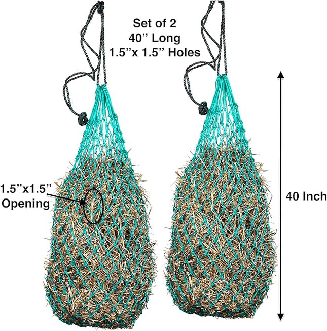 Majestic Ally 2 pcs Ultra Slow Feed 1.5"x1.5" Holes 40” Hay Net for Horses and livestocks (Turquoise)