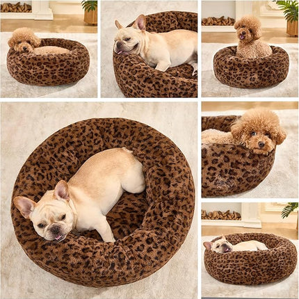 Dog Calming Beds for Small Medium Large Dogs - Round Donut Washable Puppy Dog Bed, Anti-Slip Faux Fur Fluffy Donut Cuddle Anxiety Cat Pet Bed (28" Leopard Print)