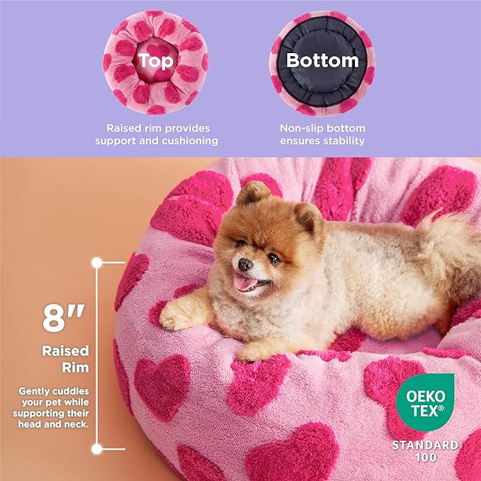 LE SURE Donut Small Dog Bed - Round Cat Beds for Indoor Cats Anti-Anxiety Calming Pet Beds, Washable Cute Modern Beds with Teddy Sherpa Plush & Anti Slip Bottom, 23 Inch, Heart Pink