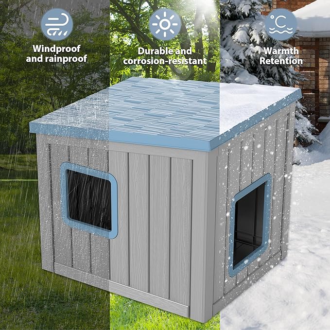 LHBcraft Outdoor Cat House Weatherproof, Clawsable Cat Houses for Outdoor Indoor Cats, Feral Cat House Shelter, Resin Insulated Material, Emergency Exit Easy to Clean and Install, Blue