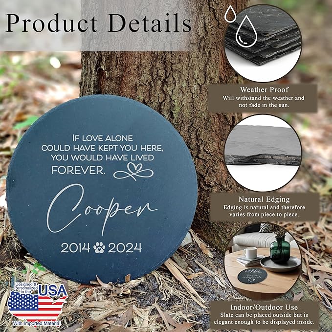 Personalized Pet Memorial Stone for Dogs and Cats | Custom Laser-Etched Weatherproof Garden Grave Marker | Natural Stone Bereavement Headstone Sympathy Gift | 4, 6, 10, or 12 Inch Heart or Circle Shape (A5)