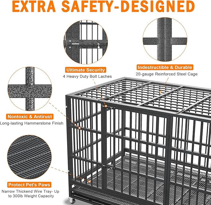 54/48/42/38 Inch Heavy Duty Dog Crate Cage with Wheels, Indestructible and Escape Proof Steel Kennel Indoor for High Anxiety Dogs with Sturdy Locks, Double Door and Tray, Extra Large XL XXL