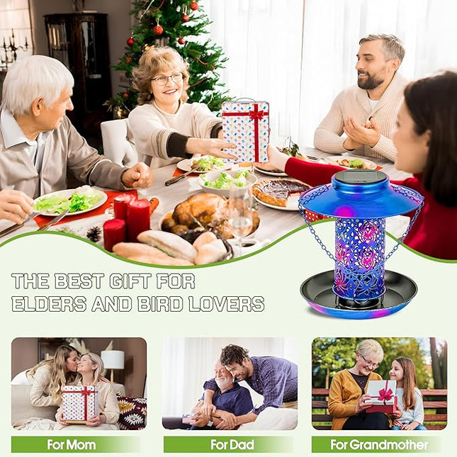 XDW-GIFTS Bird Feeder for Outdoors Solar Hanging Bird Feeder Bird House with Cardinal Feeder Large Capacity Metal Wild Bird Feeder for Garden Decor Unique Gifts & Patio Decor (Blue, 8 INCH)