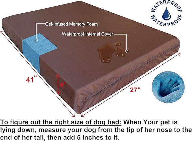 Dogbed4less Orthopedic Gel Memory Foam Pet Dog Bed, Waterproof Liner with External Microsuede Cover and Bonus Antislip Cover (Microsuede Espresso, 41"X27"X4" Inches)