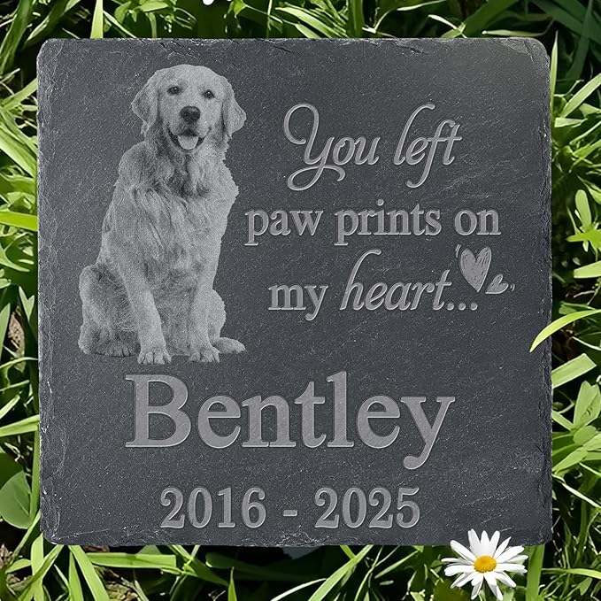 Pet Memorial Stone with Photo, Dog Memorial Gifts for Loss of Dog, Personalized Pet Memorial Gifts, Pet Loss Gift - Paw Prints On My Heart（Square）