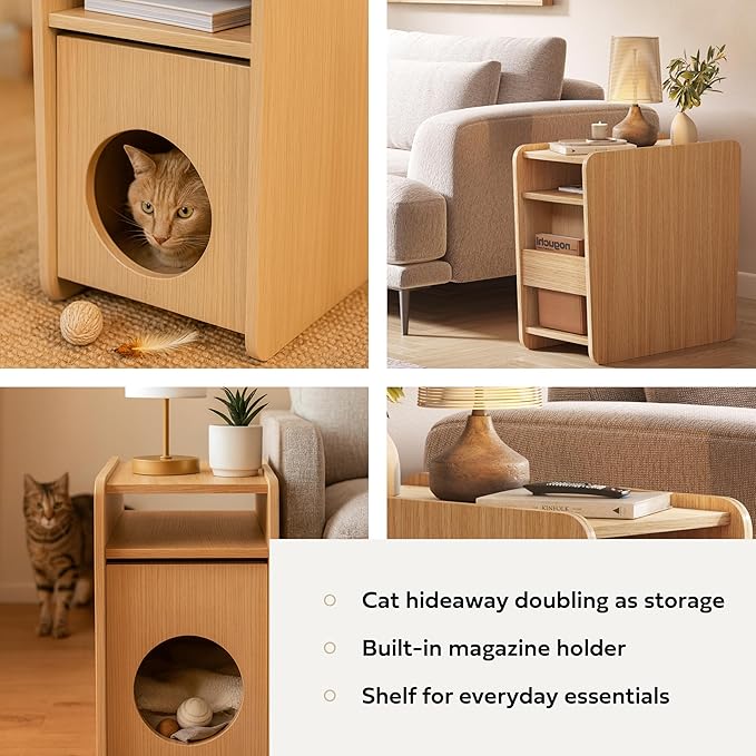 WERMO 12'' Cat Hideaway Side Table - Cat House for Indoor Cats and Enclosed Bed Cave and Hideout for Small Pets with Magazine Holder & Storage Doubling as Narrow End Table, Wood Night Stand (Oak)