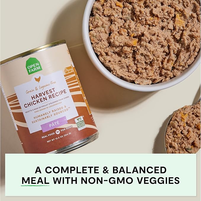 Open Farm Canned Dog Food, Paté for Complete & Balanced Nutrition, Grain-Free and Legume-Free, Harvest Chicken Recipe, 12.5oz Cans (Pack of 12)
