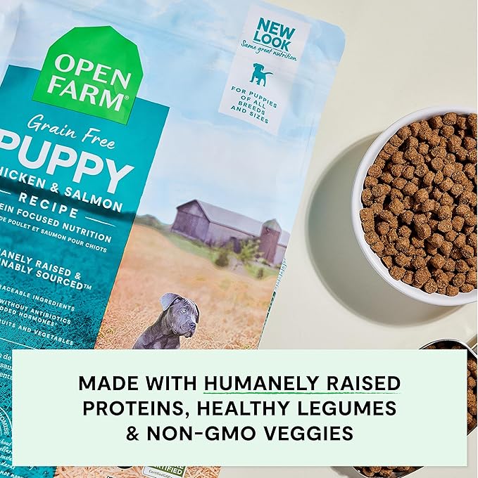 Open Farm, Grain-Free Dry Dog Food for Puppies, Protein-Packed Kibble, Sustainably & Ethically Sourced Ingredients, Non-GMO Veggies & Superfoods, Chicken & Salmon Puppy Recipe, 4lb Bag