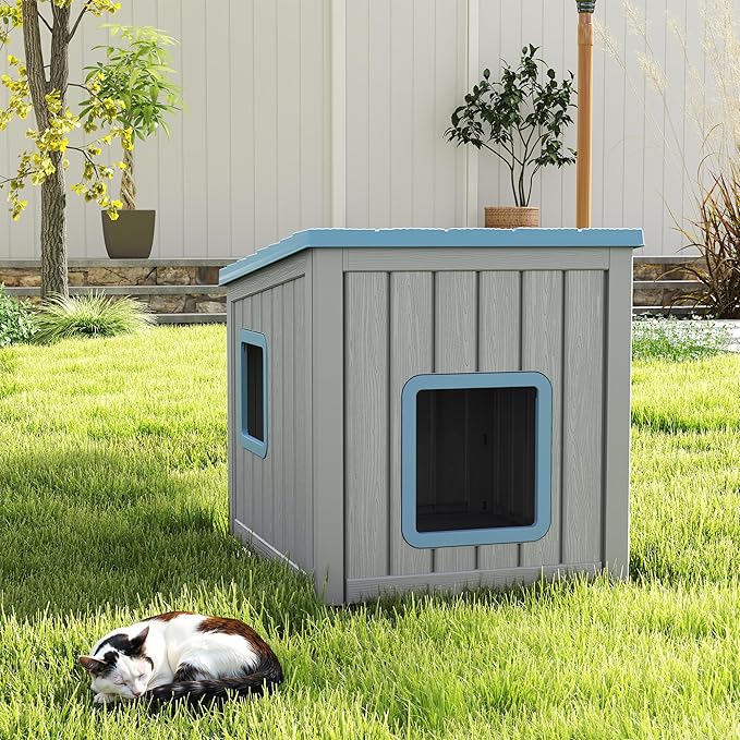LHBcraft Outdoor Cat House Weatherproof, Clawsable Cat Houses for Outdoor Indoor Cats, Feral Cat House Shelter, Resin Insulated Material, Emergency Exit Easy to Clean and Install, Blue