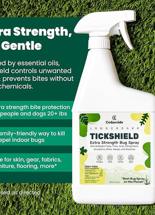 Cedarcide Extra- Strength Tickshield | Deep Woods Cedar Oil Tick & Mosquito Repellent Spray Kills & Repels Ticks, Fleas, Chiggers and Mosquitoes| For People & Pets | Natural Essential Oils | Quart