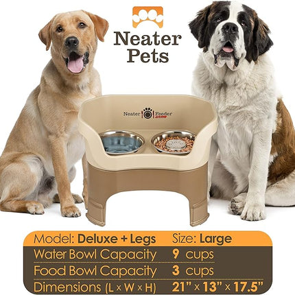 Neater Feeder Deluxe Mess Proof Dog Bowls Elevated for Large Breeds – Made in USA – No Spill Raised Slow Feeder Elevated Dog Bowl Stand w/Leg Extensions, Food and Water Bowl Set, Cappuccino