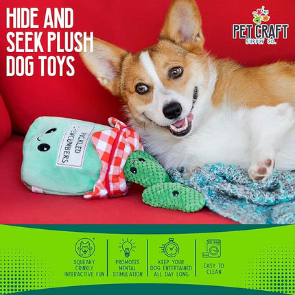 Pet Craft Supply Hide and Seek Plush Dog Toys Crinkle Squeaky Interactive Burrow Activity Puzzle Chew Fetch Treat Hiding Brain Stimulating Cute Funny Toy Bundle Pack -Pickles, for Medium Breeds