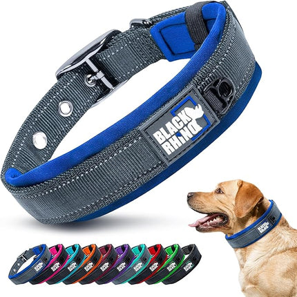 Black Rhino Dog Collar for Large Dogs - Adjustable Reflective Heavy Duty Dog Collar with Ultra-Soft Neoprene Padding - Weatherproof, Durable, and Comfortable for Active Dogs - Sport Blue and Black