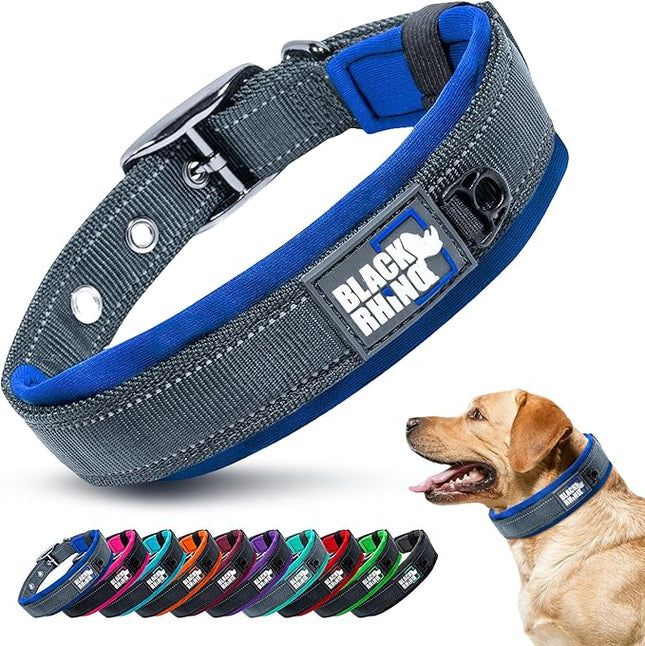 Black Rhino Dog Collar for Large Dogs - Adjustable Reflective Heavy Duty Dog Collar with Ultra-Soft Neoprene Padding - Weatherproof, Durable, and Comfortable for Active Dogs - Sport Blue and Black