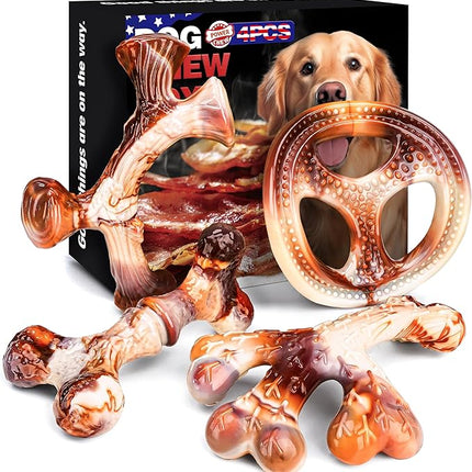 4-Pack Dog Chew Toys for Aggressive Chewers, Indestructible Nylon Bones with Bacon Flavor, Tough Durable Teeth Cleaning Chew Dog Toy for Large Medium Small Breeds