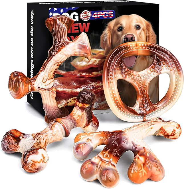 4-Pack Dog Chew Toys for Aggressive Chewers, Indestructible Nylon Bones with Bacon Flavor, Tough Durable Teeth Cleaning Chew Dog Toy for Large Medium Small Breeds