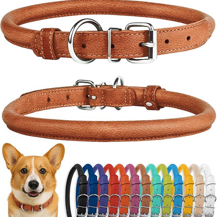 CollarDirect Rolled Leather Dog Collar, Soft Padded Round Puppy Collar, Handmade Genuine Leather Collar Dog Small Large Cat Collars 13 Colors (11-14 Inch, Cinnamon Textured)