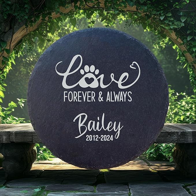 Personalized Pet Memorial Stone for Dogs and Cats | Custom Laser-Etched Weatherproof Garden Grave Marker | Natural Stone Bereavement Headstone Sympathy Gift | 4, 6, 10, or 12 Inch Heart or Circle Shape (A7)
