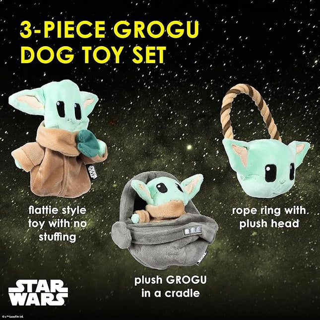 STAR WARS for Pets GROGU 3 Piece Collection - Cradle Plush, Flattie, and Rope Ring Dog Toys - Fabric Squeaky Plushes for All Dogs, Officially Licensed
