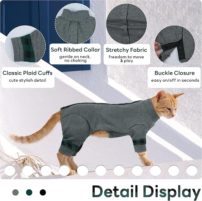 PUMYPOREITY Easy-On Cat Shirt, Soft Stretchy Cat Sweater with Back Snap for Easy Wear, Breathable Recovery Suit for Surgery Recovery, Lightweight Pajamas for All-Day Wear, M, Grey
