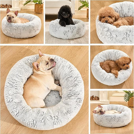 Dog Calming Beds for Small Medium Large Dogs - Round Donut Washable Puppy Dog Bed, Anti-Slip Faux Fur Fluffy Donut Cuddle Anxiety Cat Pet Bed (24" Rose)