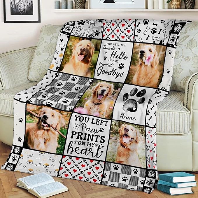 Personalized Photo Blanket, Custom Pet Memorial with Paw Print Design, Keepsake for Dog Loss, Gift for Dog Mom & Dad