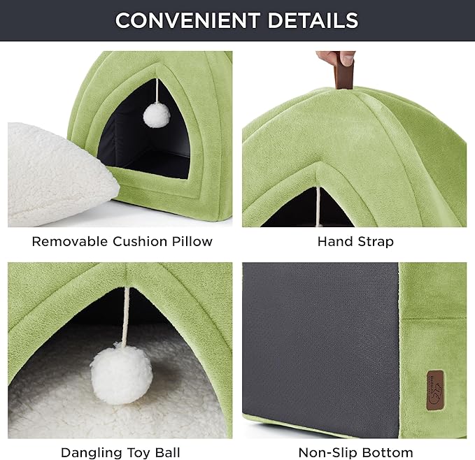 Bedsure Cat Beds for Indoor - 2 in 1 Cat Cave House Tent for Kittens and Small Pets with Removable Washable Cushioned Pillow, Foldable Kitten Hideaway with Non-Slip Bottom, Green, 16 inches