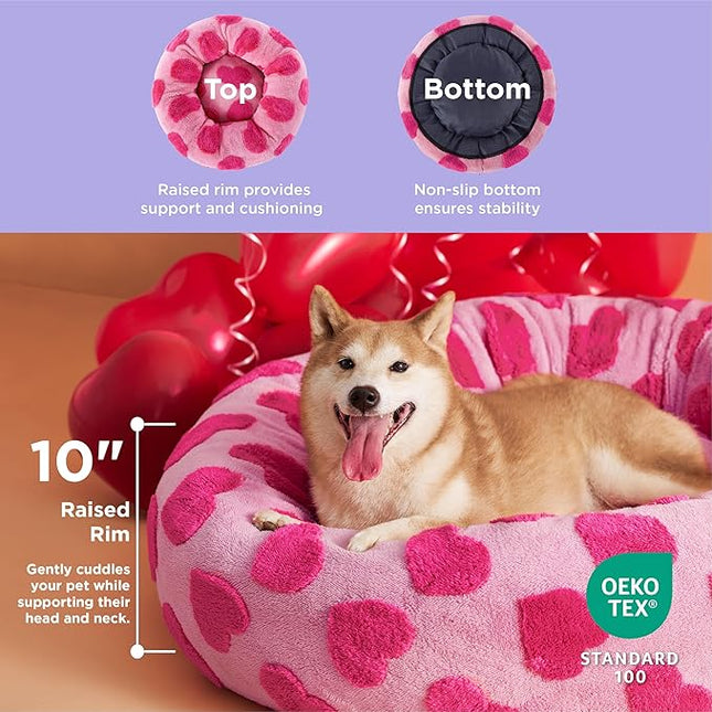 LE SURE Shown on TV Donut Large Dog Bed - XL Round Cat Beds Indoor Anti-Anxiety Calming Gift for Pets, Washable Cute Modern Beds with Jacquard Shaggy Plush & Anti Slip Bottom, 36 Inch, Heart Pink