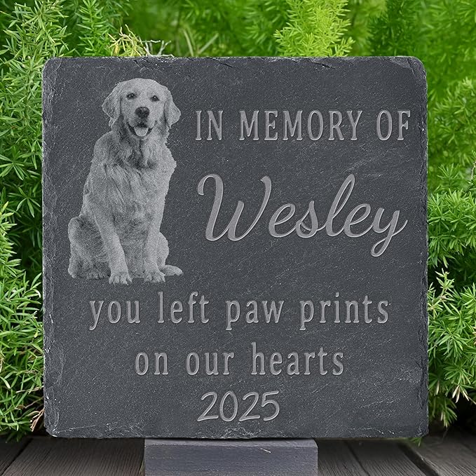 Pet Memorial Stone with Photo, Dog Memorial Gifts for Loss of Dog, Personalized Pet Memorial Gifts, Pet Loss Gift - Paw Prints On Our Hearts（Square）