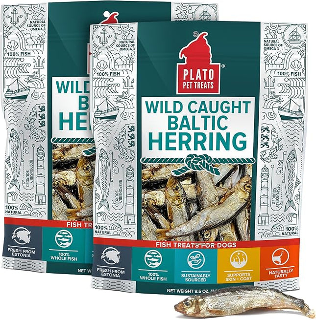 Plato Pet Treats Fish Dog Treats - Air-Dried, Single Ingredient Pet Treat - Omega 3 & 6 Fatty Acids to Support Skin and Coat - 100% Whole Fish - Wild Caught Baltic Herring - 8.5 oz - 2 Pack