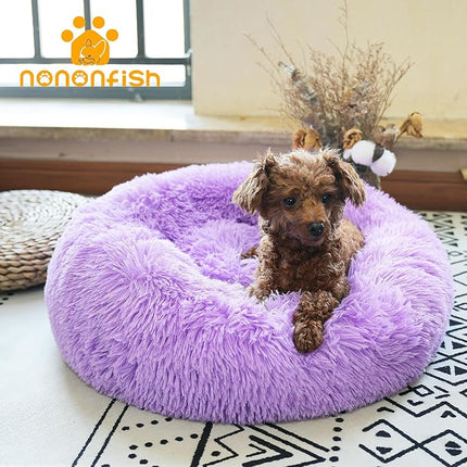 Purple Dog Bed for Small Dogs 19 Inch Donut Cuddler Plush Cat Calming Bed Machine Washable, Non-Slip Fluffy for Joint-Relief and Sleep Improvement