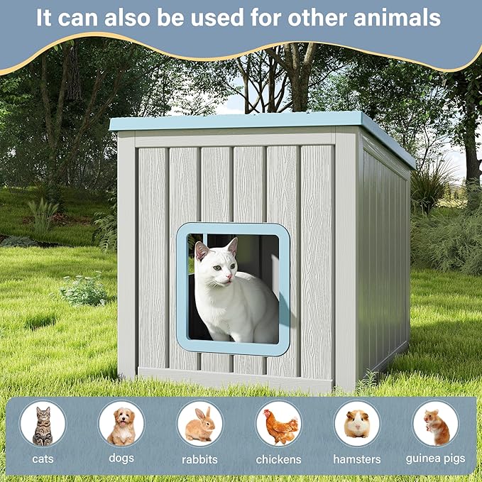 LHBcraft Outdoor Cat House Weatherproof, Clawsable Cat Houses for Outdoor Indoor Cats, Feral Cat House Shelter, Resin Insulated Material, Emergency Exit Easy to Clean and Install, Blue