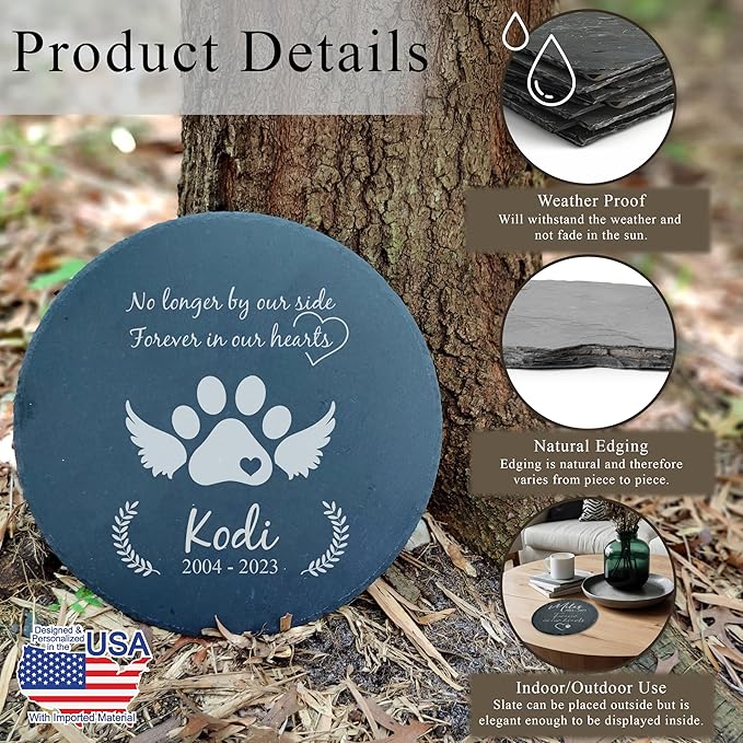 Personalized Pet Memorial Stone for Dogs and Cats | Custom Laser-Etched Weatherproof Garden Grave Marker | Natural Stone Bereavement Headstone Sympathy Gift | 4, 6, 10, or 12 Inch Heart or Circle Shape (A1)