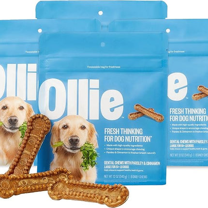 Ollie Dental Chews for Large Dogs, 4 Pack, Fresh Breath, Teeth Cleaning Treats, Sticks for Dog Oral Care, with Parsley and Cinnimon, for Pups 51 lbs and Above