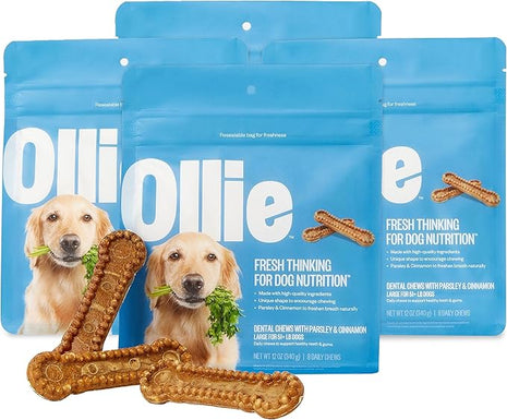 Ollie Dental Chews for Large Dogs, 4 Pack, Fresh Breath, Teeth Cleaning Treats, Sticks for Dog Oral Care, with Parsley and Cinnimon, for Pups 51 lbs and Above