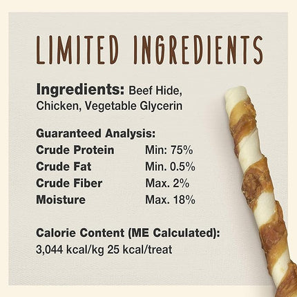 Cadet Gourmet 8-Inch Beef Hide Twist Chew Sticks, Long-Lasting and Natural Rawhide Chews for Dogs, Inspected & Tested in USA, Chicken Flavor, 6 Count