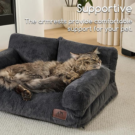 Hollypet Fluffy Plush Pet Cat Couch Soft Calming Pet Sofa Beds for Medium Small Cats and Dogs, Dark Charcoal Gray