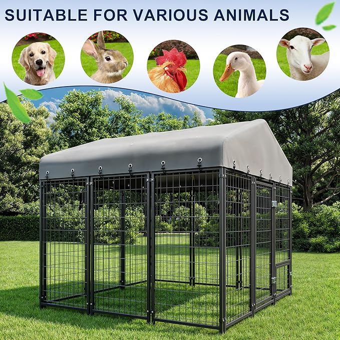 6X6FT Dog Kennel Outside Dog Kennel Outdoor with Feeding, Heavy Duty Outdoor Dog Crate Durable Dog Cage with Roof & Double Lock