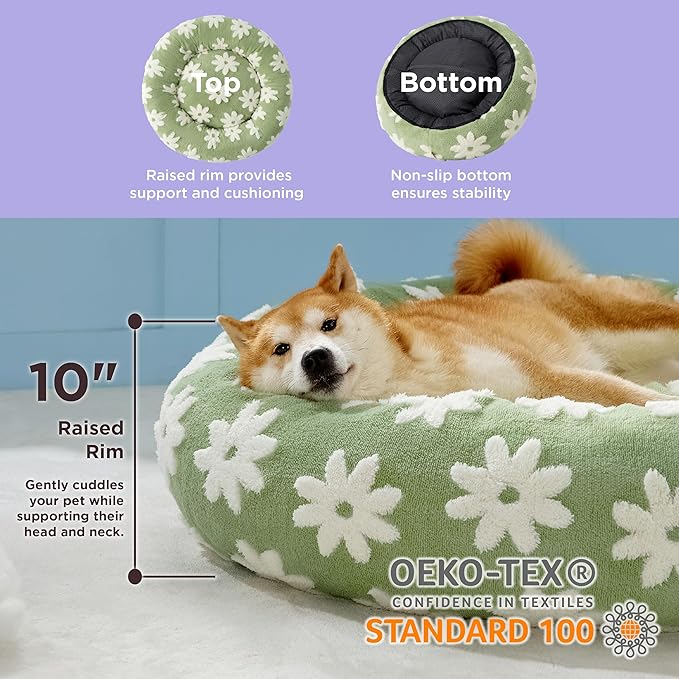 LE SURE Donut Large Dog Bed - Round Cat Beds for Indoor Anti-Anxiety Calming Pet Beds, Washable Cute Modern Beds with Jacquard Shaggy Plush & Anti Slip Bottom, 36 Inch, Green