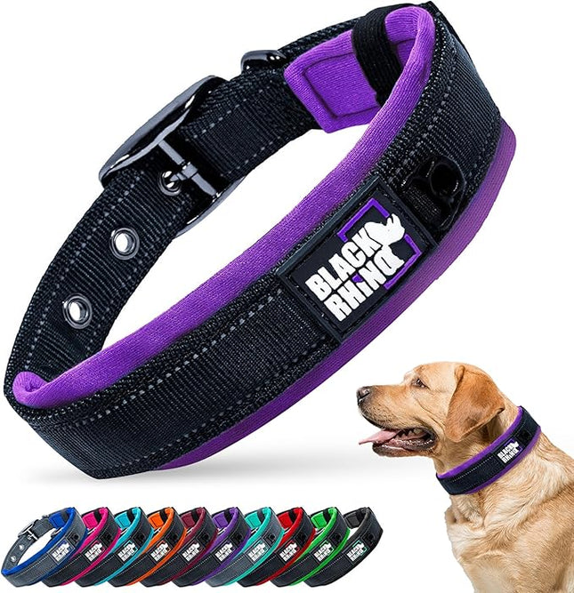 Black Rhino Reflective Dog Collar - Heavy Duty Adjustable Comfort Collar with Ultra Soft Neoprene Padding for All Breeds - Weatherproof, Lightweight Dog Collars for Medium Dogs (Medium, Purple/Black)