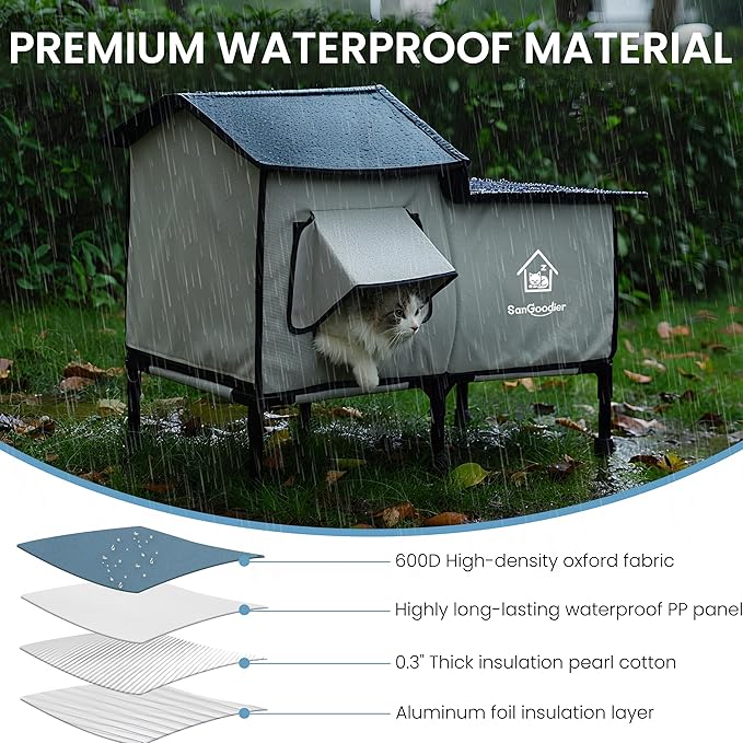 Outdoor Cat House Weatherproof, Clawsable Cat Houses with Insulation Layer, Foldable Cats Shelter, Large Cave Bed for Pets Up to 55lbs for Garden, Patio, or Backyard (Grey-L)